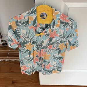 Tropical Floral Button-Up Shirt in Aqua, Coral & Yellow